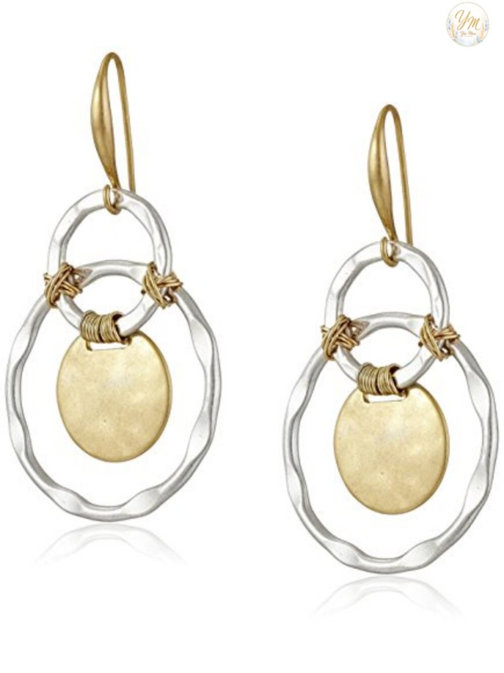 Wire Wrapped Orbital Circle Drop Dangle Earrings Two-Tone Metal 2 Inch